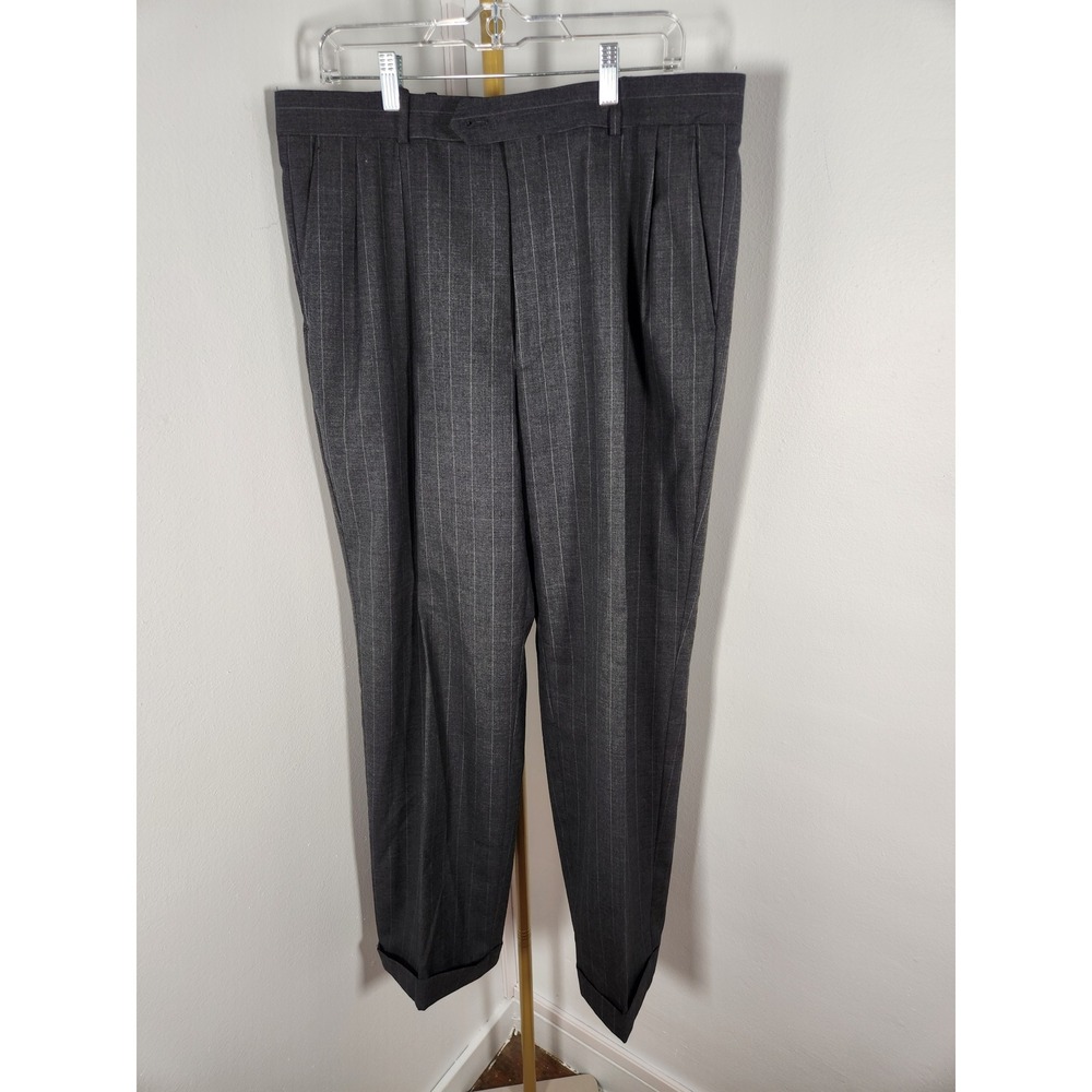 VINTAGE Woolmark 100% Wool Mens Pinstripe Gray Slacks Trousers 36R Pleated Front